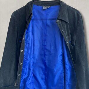 Dons Black Leather Jacket Blue Satin Lining Snap Closure M